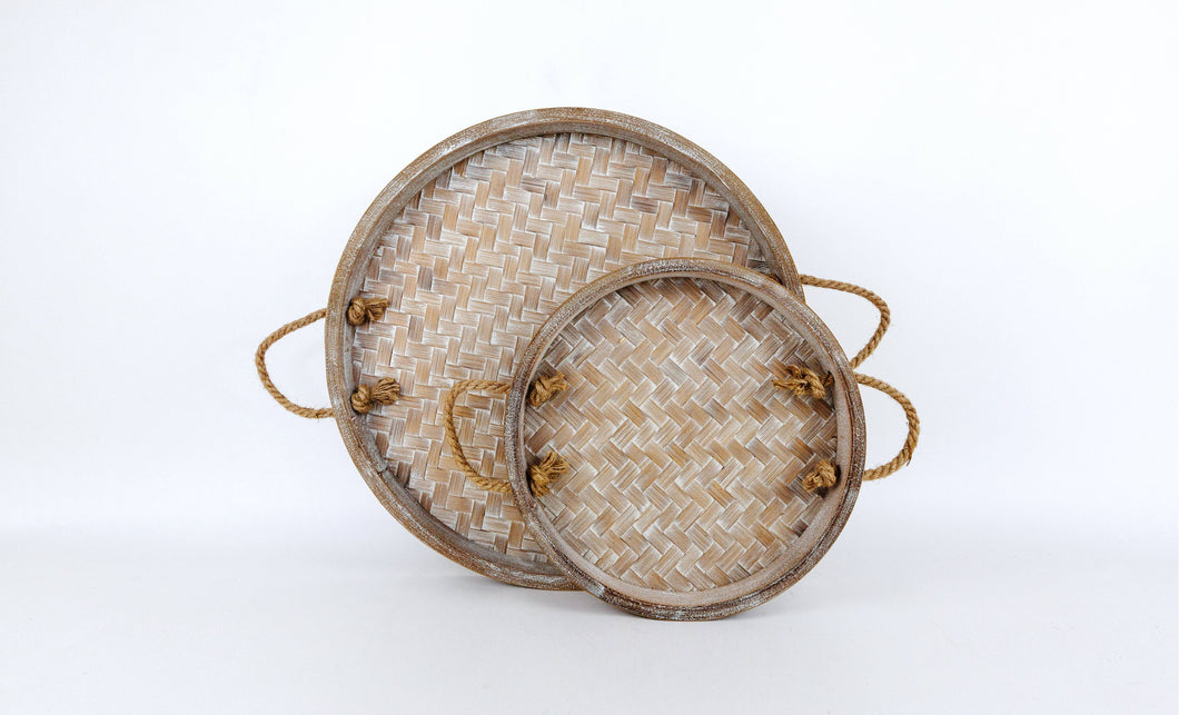 Set of (2) Round Bamboo Wood Trays